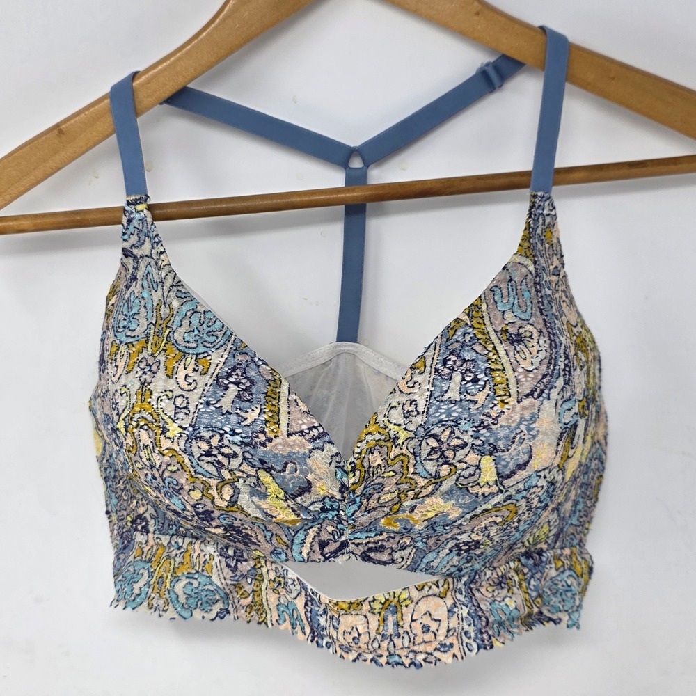 Victoria Secret Body By Victoria Paisley Lace Wireless Bralette 36C Blue Yellow